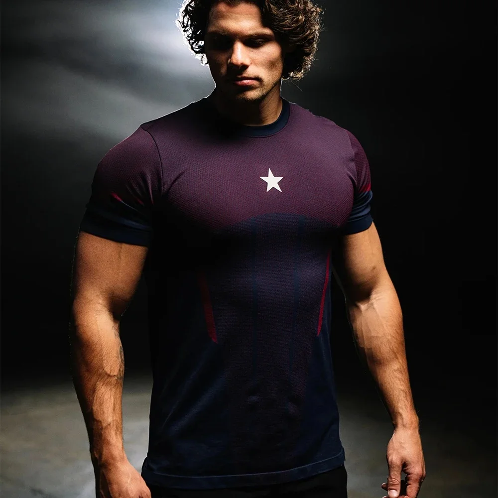 

New Marvel Captain America Super T-shirt MMA Men's Fitness Running Shirt Plus Size Breathable Sports Top