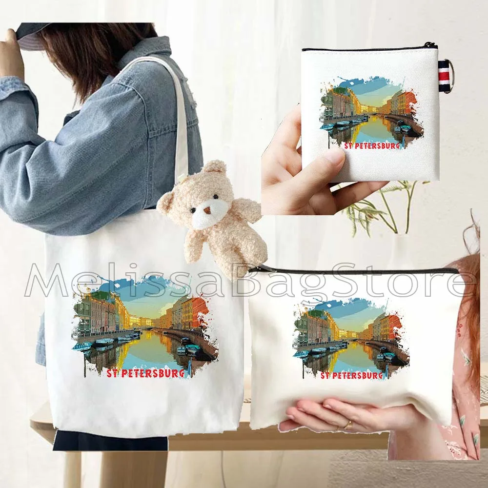 4PCS Gifts Saint Petersburg Russia White Canvas Tote Bag Handbag with Doll Key Coin Purse Cosmetic Makeup Toilet Bag Case Pouch