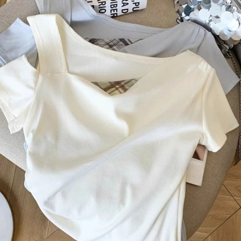 Girls Off Shoulder Fake Two Piece T-Shirt Short Sleeve Summer Kids Top Slim Fit Color Block Splicing Tee for Big Girls Age 7-14​ view 6