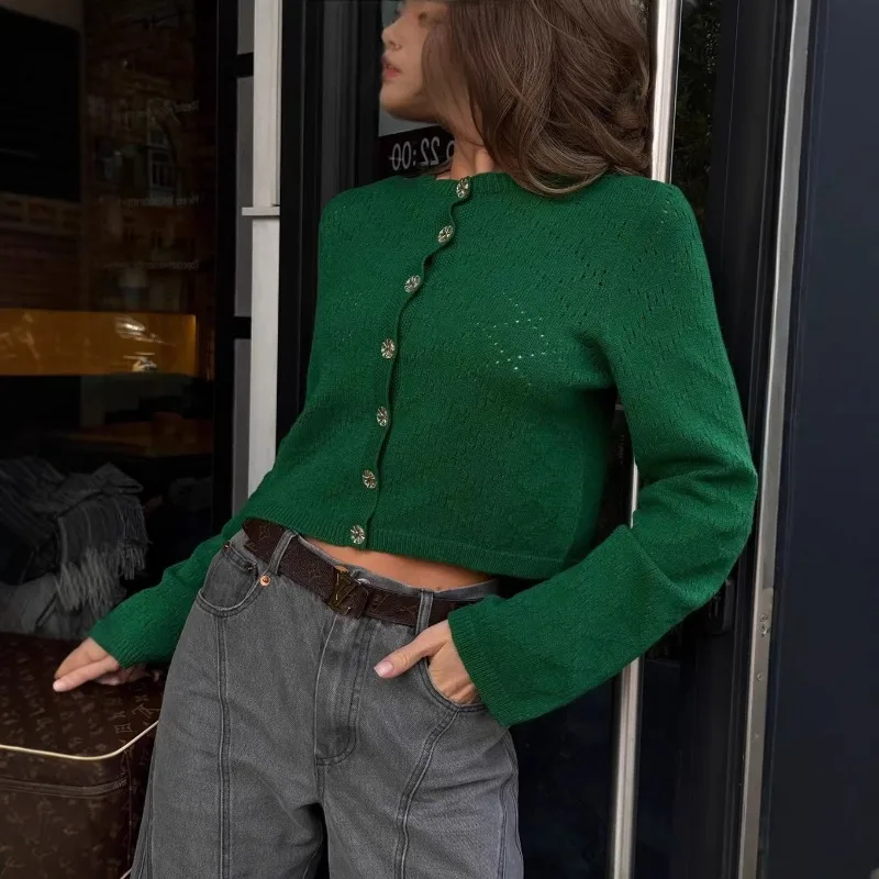 

Tsiisd Fashion Knitwear Women's Feather Crop Cardigan Round Neck Daily Casual Commute Patchwork Elegant 2026 Female Cardigan New