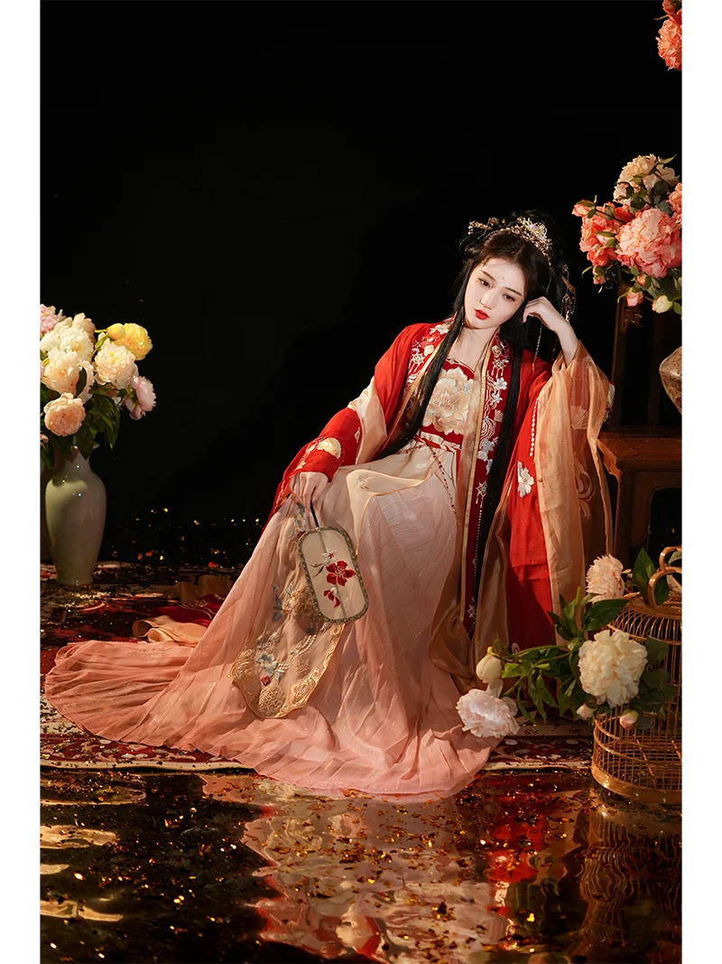 Hanfu Female Tang Style And Breast Skirt Dress Embroidered Large Sleeve Shirt Red Tang Dynasty Chinese Style Autumn Suit