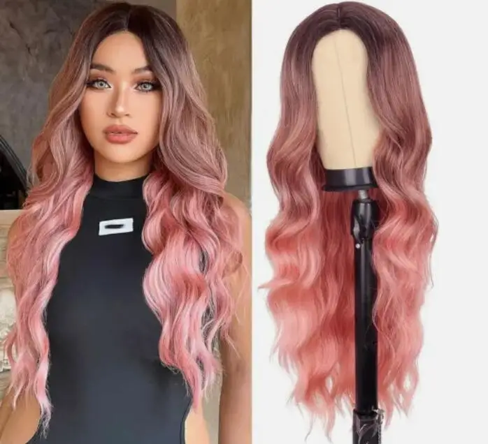 Long Pink Ombre Synthetic Wig for Women Wavy Wigs Fashion Pink Wavy Wigs Natural