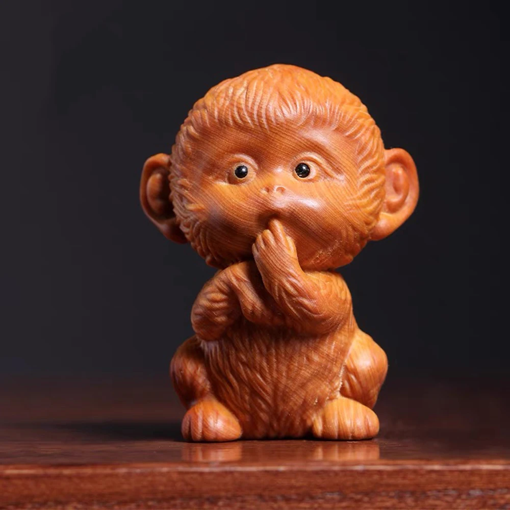 JW02- 6 X 4.8CM NO Speaking Monkey Thuja Wood Sculpture Animal Figurine Statue Birthday Gift Wooden Carving Decoration