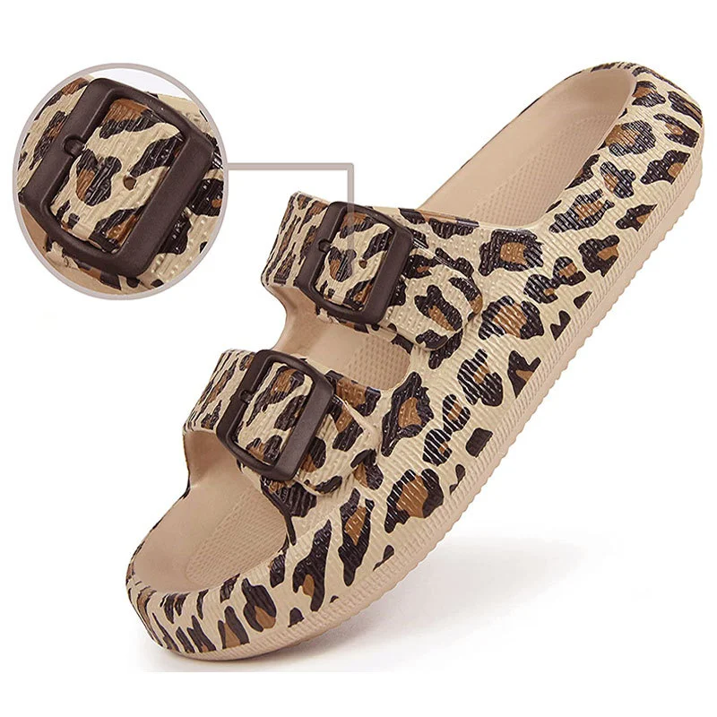 Leopard Thick Platform Cloud Slippers for Women Double Buckle Soft Sole Pillow Slides Sandals Woman Summer Non Slip Flip Flops