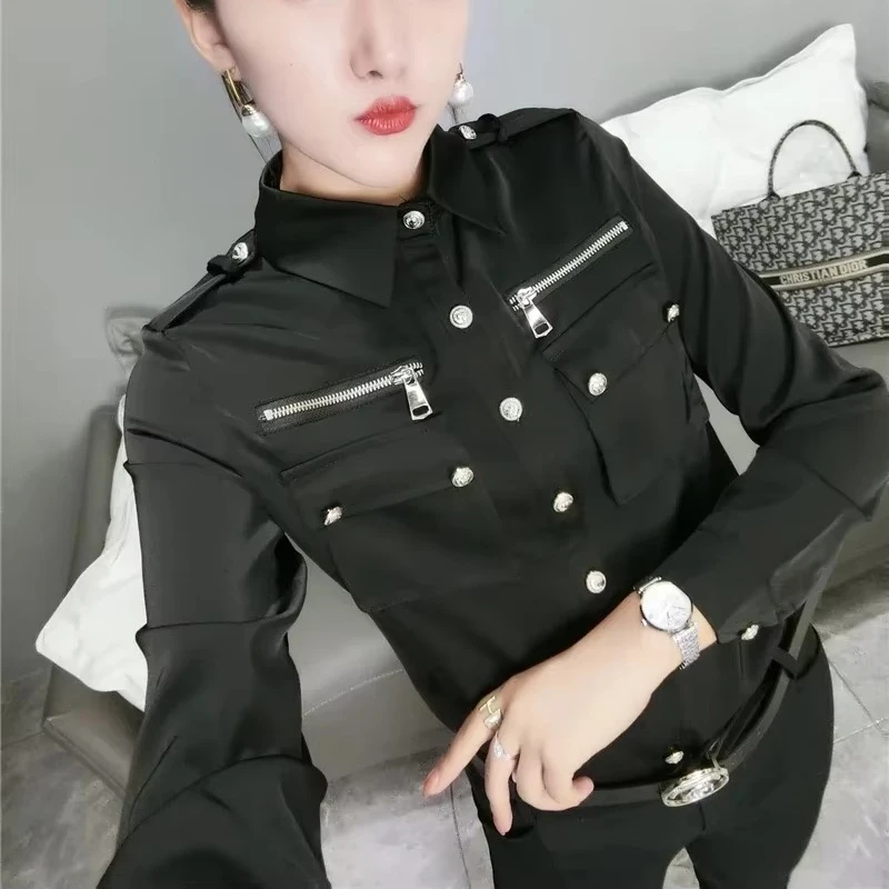 

Women Satin Shirt with Pockets Femme Zipper Satin Tops Office Lady Women Black Satin Shirts Autumn
