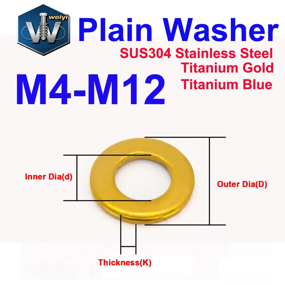 Weiyi M4 M5 M6 M8 M10 M12 SUS304 Stainless Steel Burning Blue & Titanium Plate Circular Flat Washer Motorcycle Decorative Gasket
