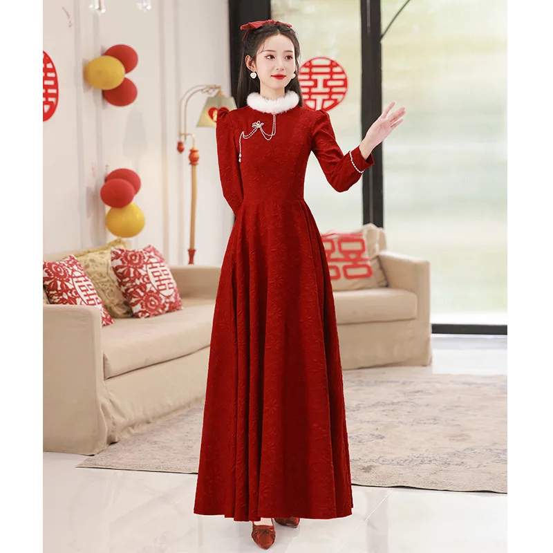 

Chinese Mandarin Collar Sexy Long Sleeve Back Zipper A-Line Evening Dress Women Formal Gowns Robe De Soiree Cheongsam