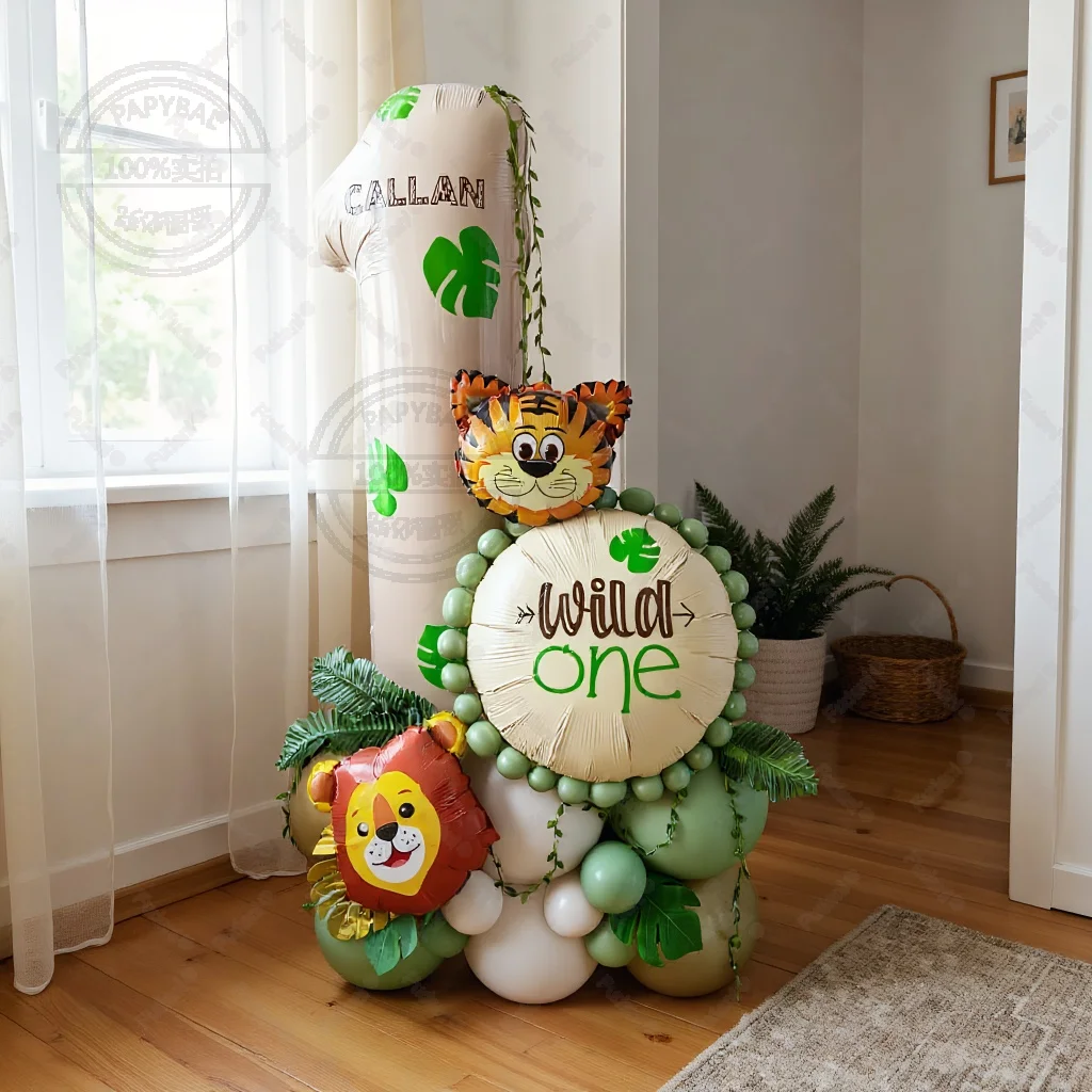 31 stücke Löwe Tiger Kopf Ballon Creme Weiß Anzahl Geburtstag Ballon Set Dschungel Tier Thema Party Dekoration Festival Liefert