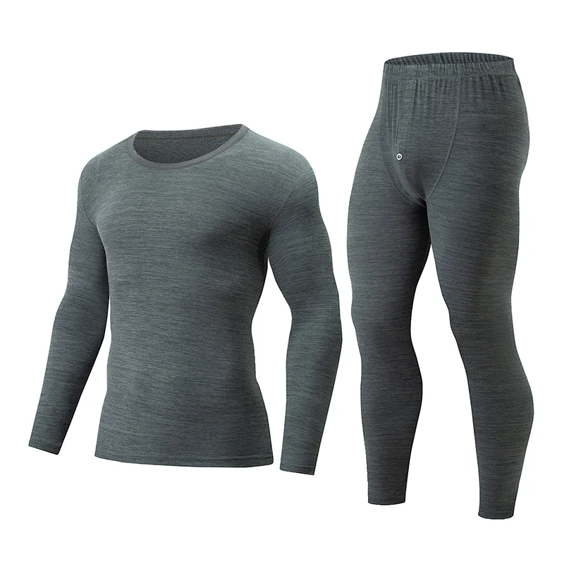 2 قطعة الخريف/الشتاء الرجال متعدد الألوان الملونة النسيج الدافئة مجموعة مريحة جولة الرقبة الملابس الداخلية تي شيرت مرونة الخصر زر بانت #2