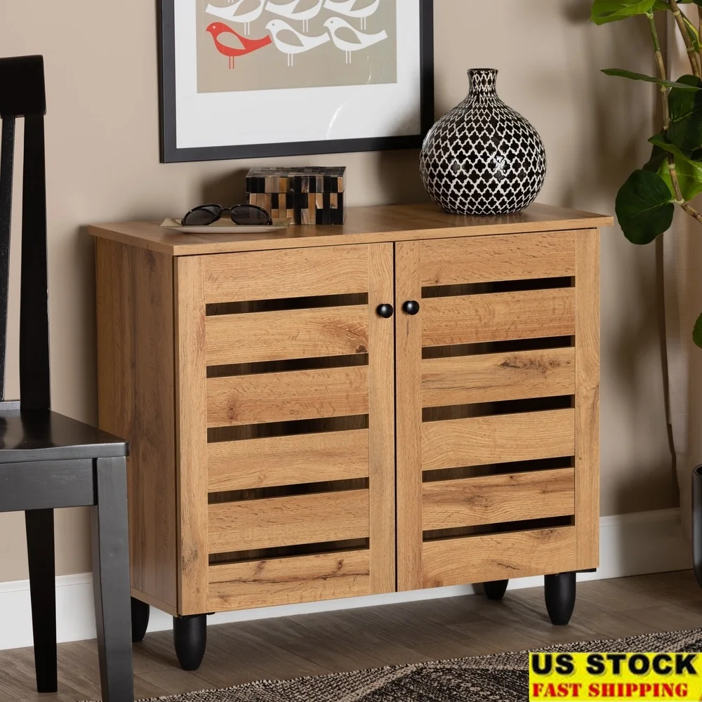 

Modern Shoe Cabinet Wood Storage Organizer 3 Shelves Slatted Doors Entryway Furniture Indoor Use Anti-Tip Kit Black Knobs