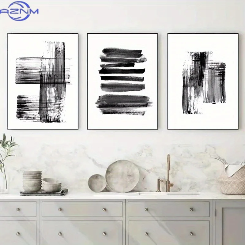 3pcs/set Frameless Abstract Brush Strokes Black And White Ink Canvas Printing Paintings, Posters Wall Art Pictures For Living Ro