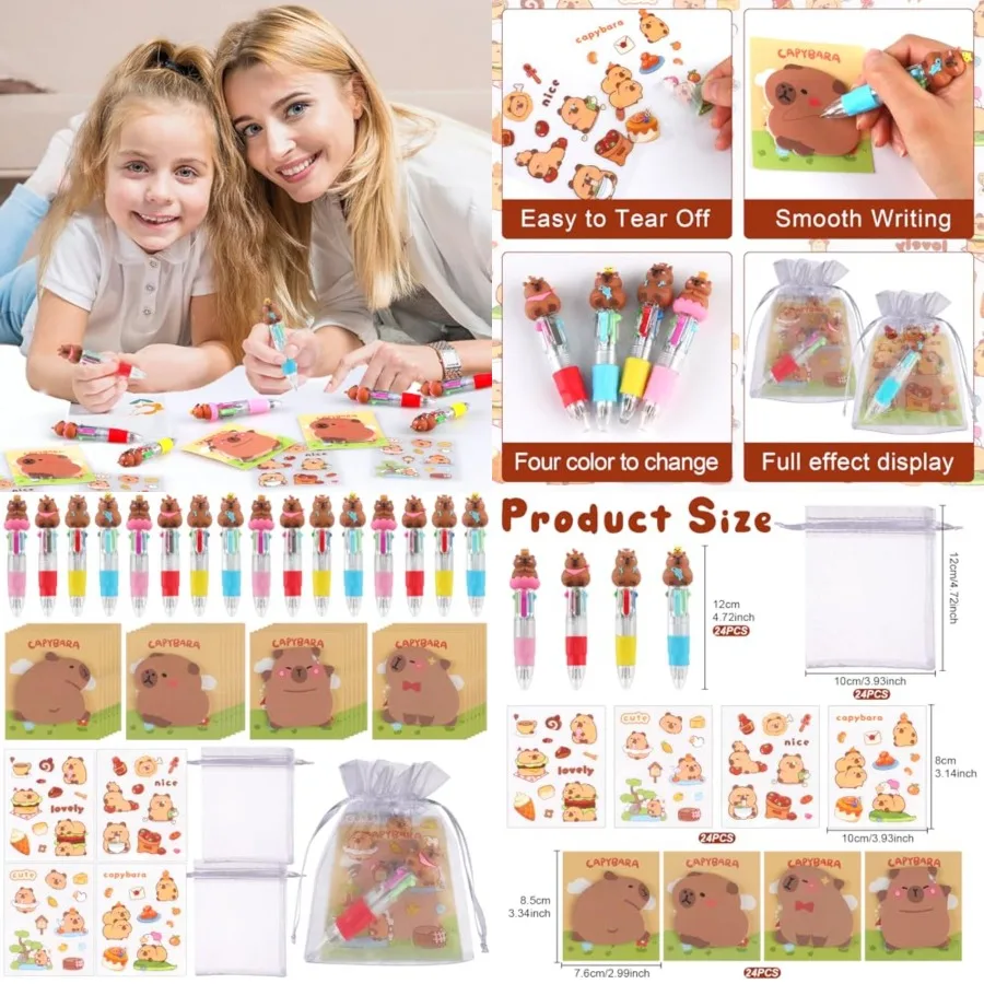 

96Pcs Capybara Stationery Gift Set with 4-in-1 Ballpoint Pens Sticky Notes Stickers and Organza Storage Cute and Practical Capy