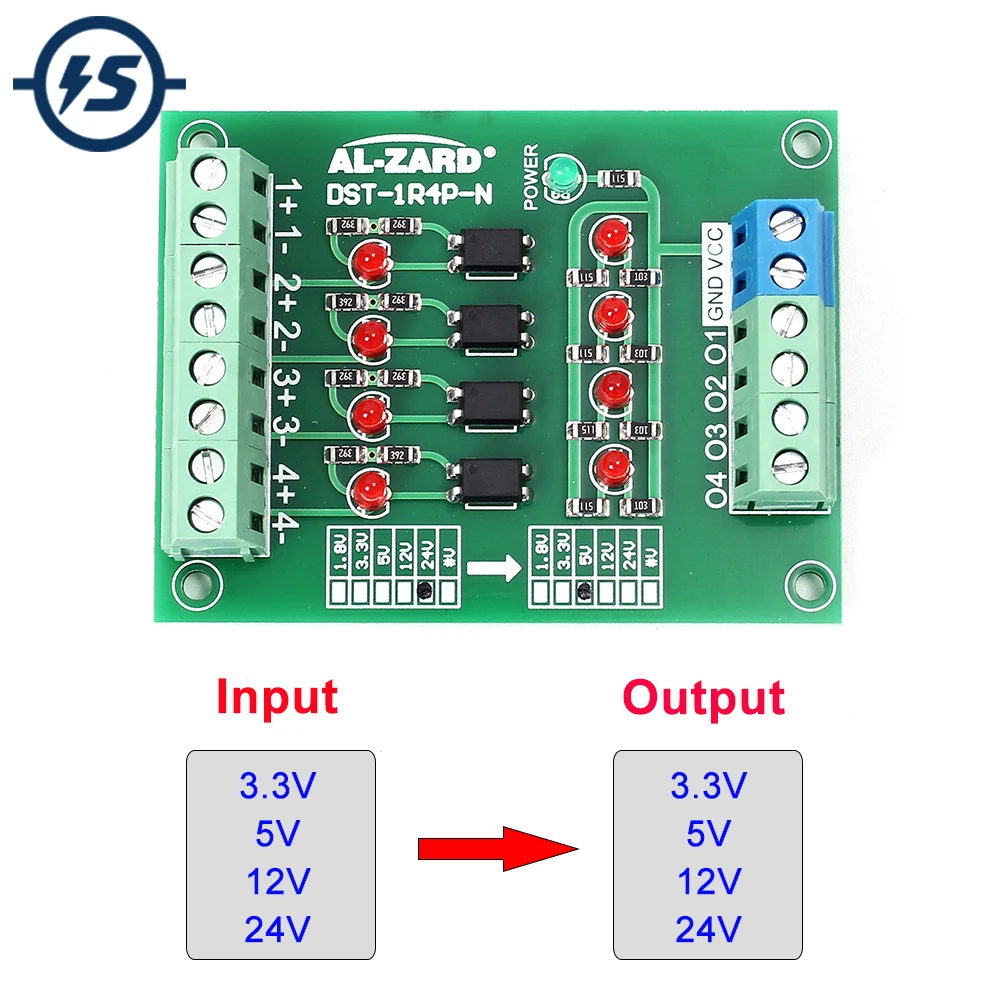 4 kanałowy izolacja transoptorowa pokładzie konwerter napięcia 24V do 3.3V/5V do 24V/12V do 24V na białym tle moduł PLC poziom sygnału pokładzie