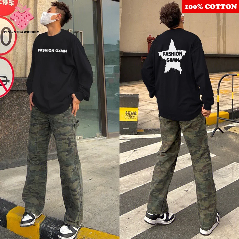 

Star Print Long sleeved T-shirt Men Autumn 2025New 100% Cotton American Street Hiphap T-shirt Casual Loose Y2k Tos men clothing