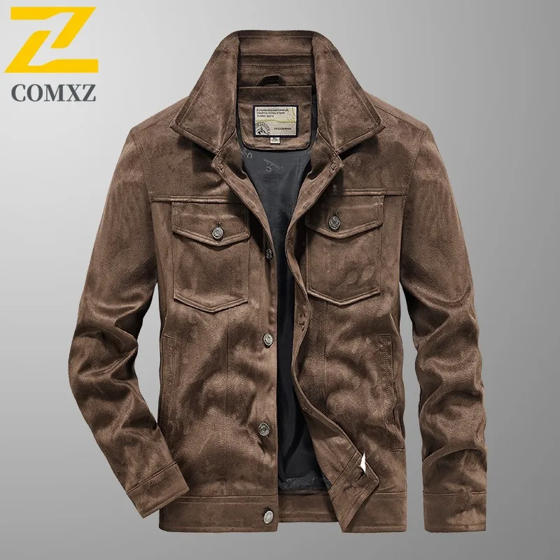 

COMXZ 2025 Мужская замшевая куртка с вырезом на воротнике, свободная посадка, повседневная рабочая одежда, винтажное хлопковое пальто, весна-осень, новая легкая ветровка