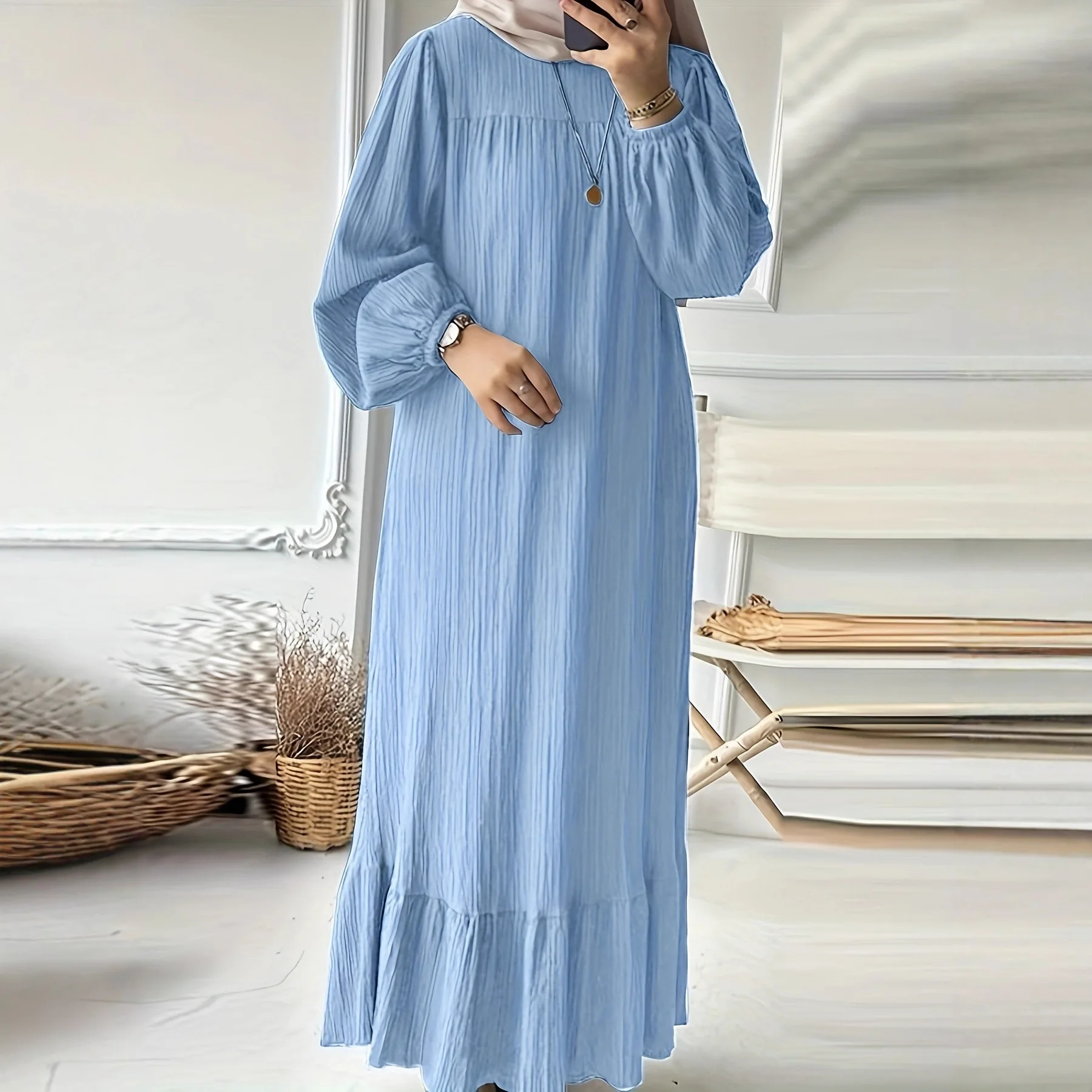 

Muslim Women's Retro Pocket Ruffle Dress Solid Color Fashion Bubble Sleeve Abaya Islamic Clothing Breathable Casual Style Robe