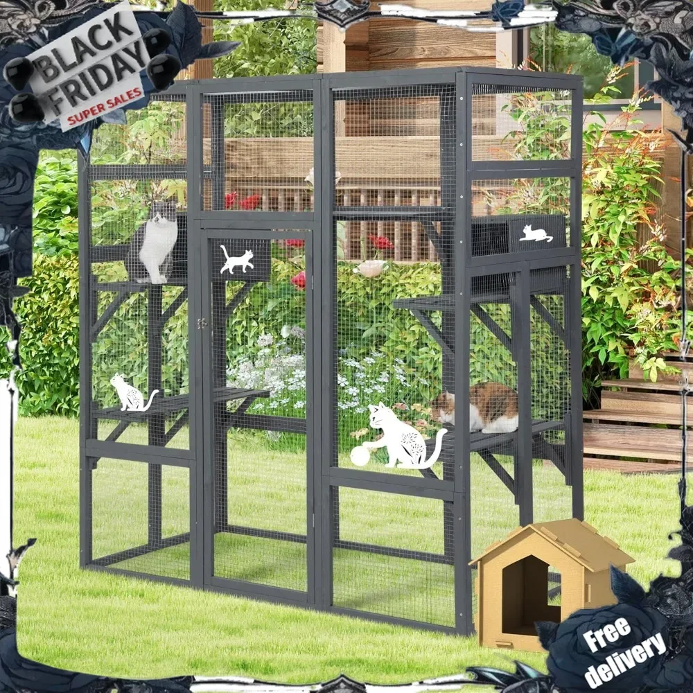 70Inches Large Spacious Wooden Catio Outdoor Cat Enclosure with Perches and Condos, Cat Cage Indoor with Waterproof Roof