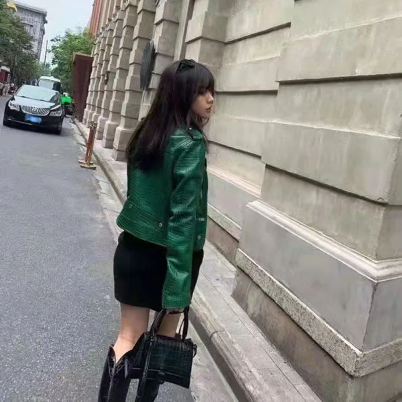 Short Length Coat Spring Women 2024 New Fashion Green Color Genuine Leather Jacket Crocodile Texture High Quality Locomotive