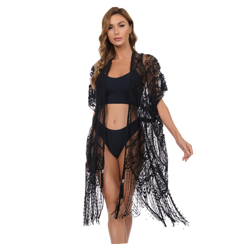 Lace Beach Skirt Sexy Bikini Blouse Summer Sunscreen Hollow-out Large Size Cardigan Women Seaside Holiday Leisure Fashion Black