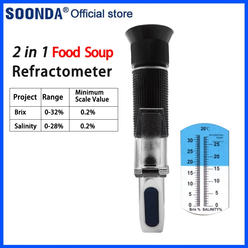 2 in 1 Refractometer Kitchen Food Soup Brine Sauce Salinometer Sugar Meter Tester 0-28% Salinity Meter 0-32% Brix Tester Meter