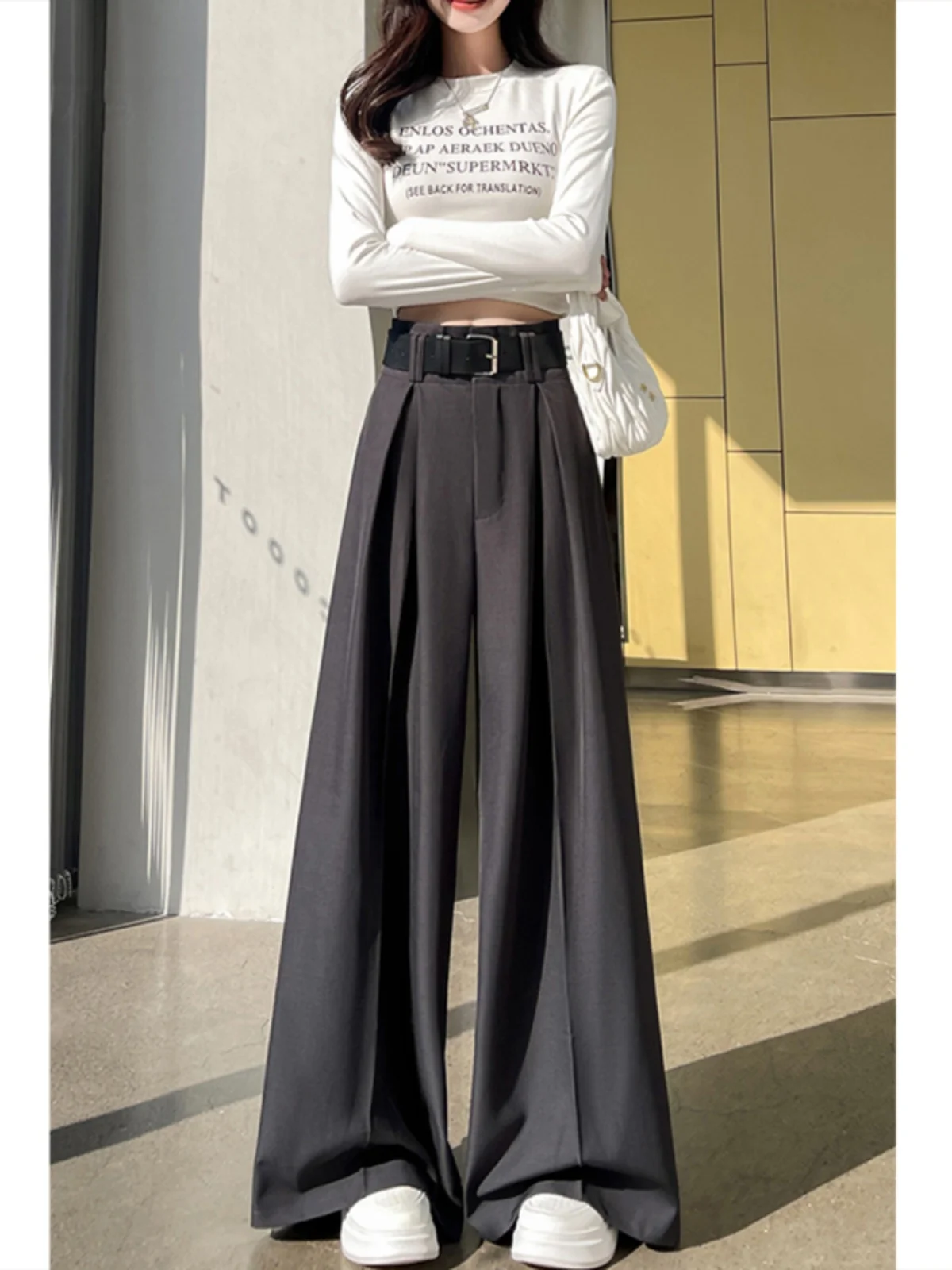 

Женские брюки-костюм с высокой талией и широкими штанинами, весна 2026, прямые повседневные брюки, длинные брюки в пол, асимметричный дизайн