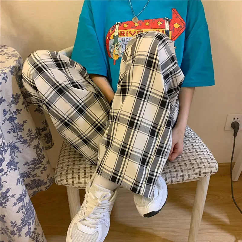 Deeptown Oversized Casual Plaid Pants Woman Harajuku Baggy Korean Fashion Thin Trousers Vintage Summer Straight Japanese Style