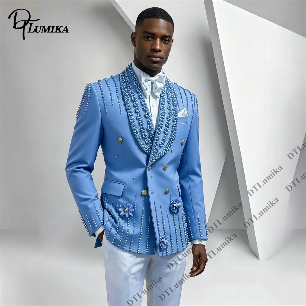 Beaded Formal Suit 2 Piece Jacket Pants Set Luxury Wedding Groom Tuxedo Prom Party Stage Banquet Evening Event Costume Custom