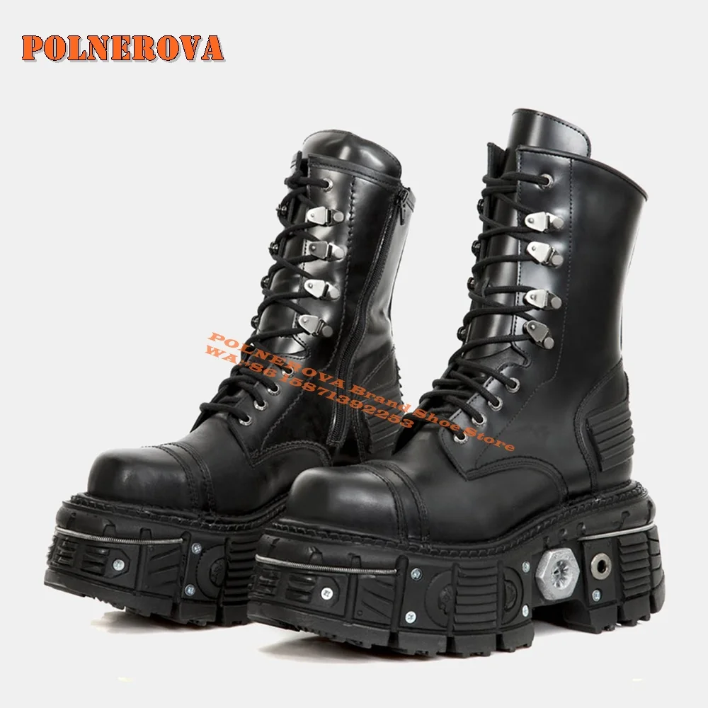 

2024 New Punk Style Couple Motorcycle Boots Round Toe High Heels Platform Hight 6Cm Gothic Mid Calf Boots Rock Metal Decor Retro