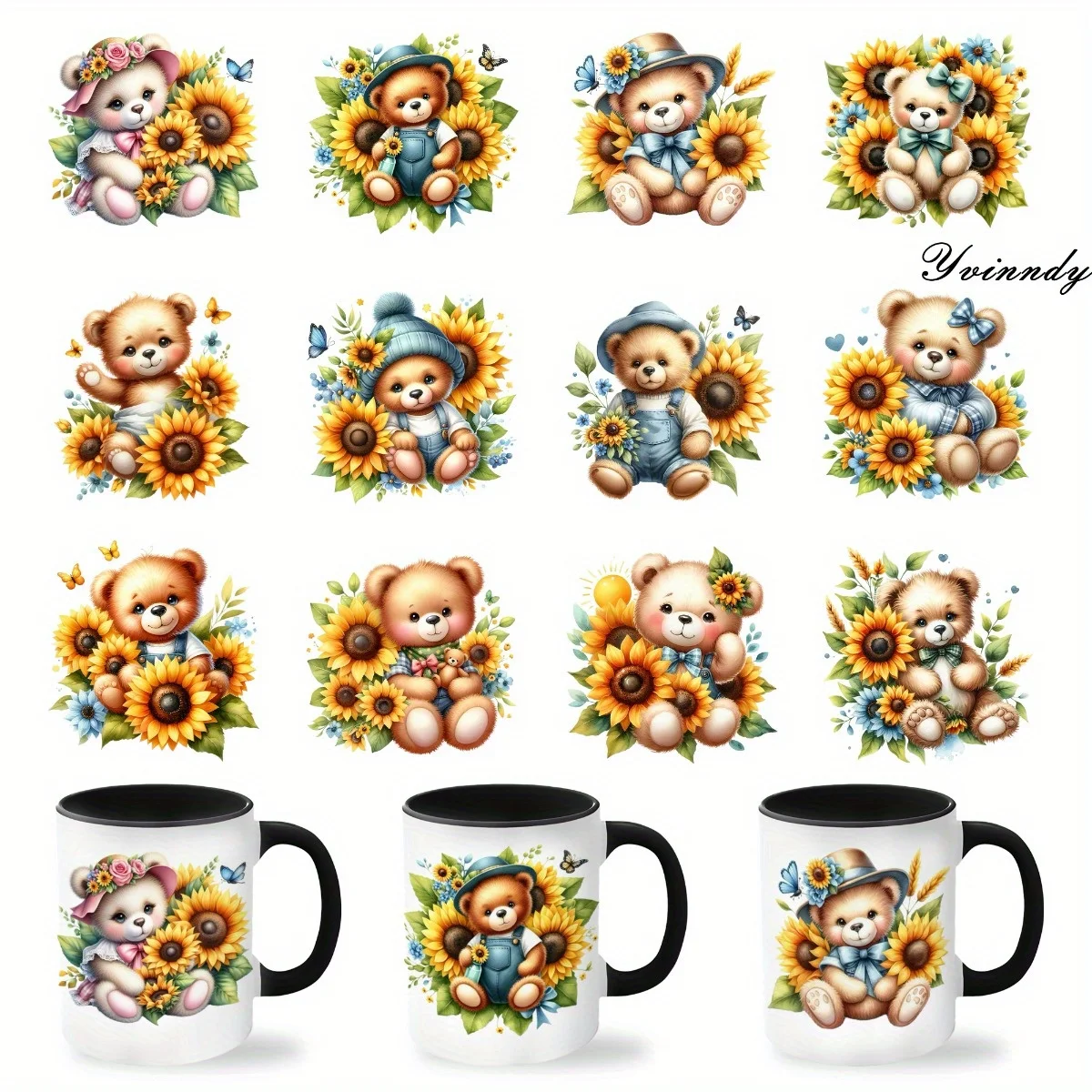 12Pcs/Set Sunflower Teddy Bear DIY Glass Jar Packaging Stickers UV DTF High Self-Adhesive Transfer PaperDecorating Cups Bottles