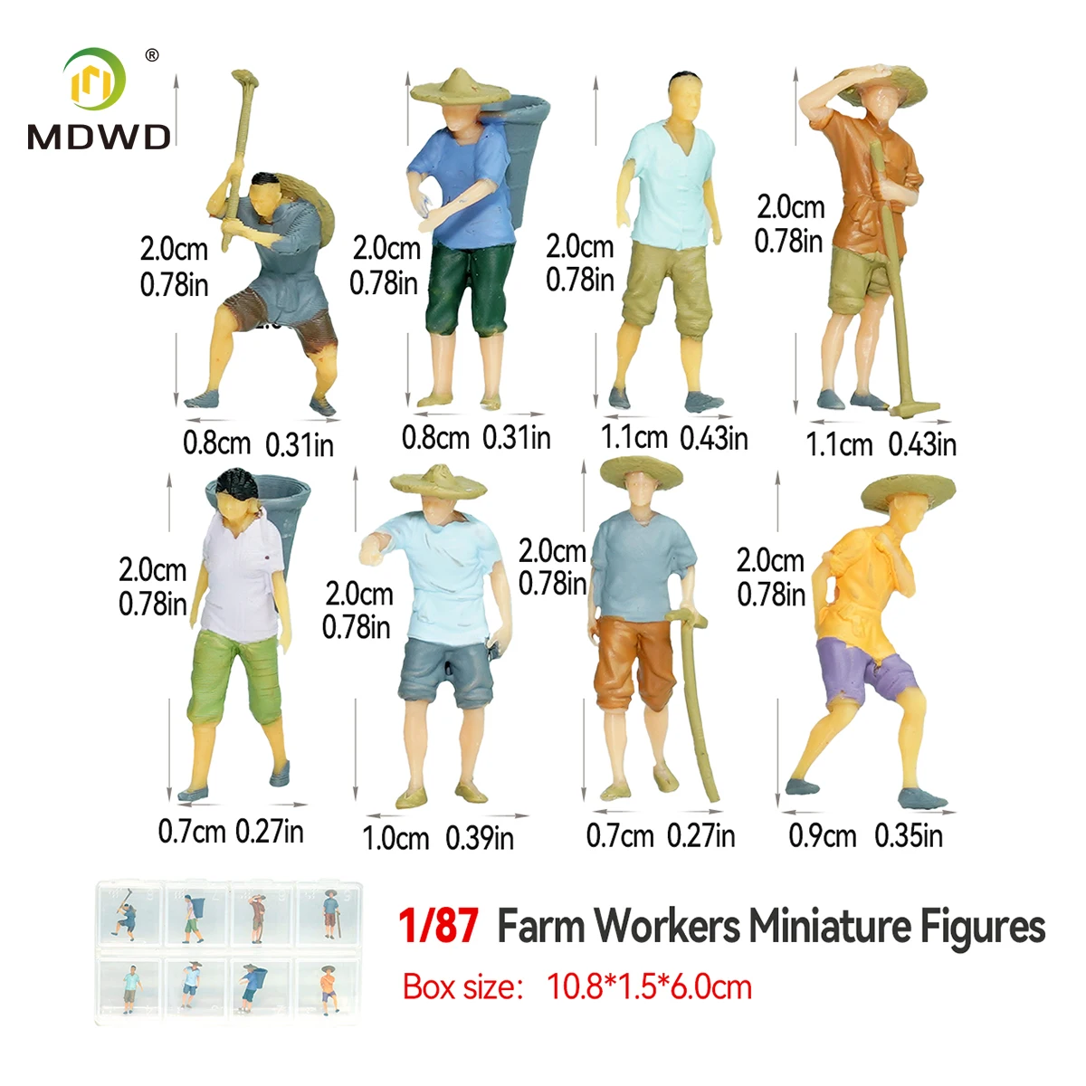 MDWD 1/87 Farm Workers Miniature Figures HO Scale - 8pcs Painted Plastic Model Set for Diorama, Train Layout, Hobby Collection