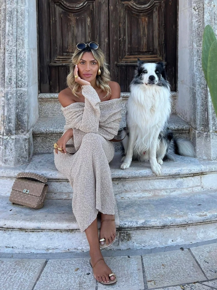 Beach Long Sleeve Knitted Hollow Out Summer Dress For Women Sexy Slash Neck Bodycon Maxi Dress Elegant Holiday Party Dress