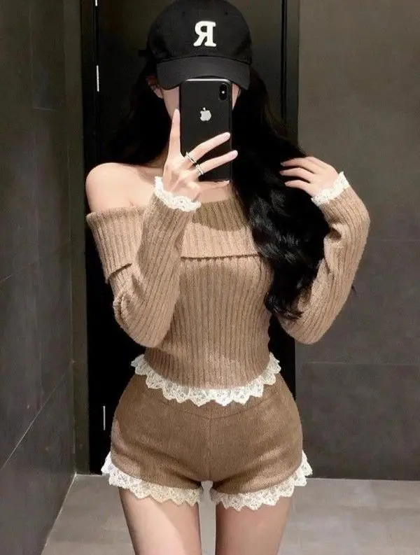 Autumn Winter Lace Splice One Shoulder Knitted Top High Waist Short Pants Two Piece Set Sexy Style Casual Wear for Women