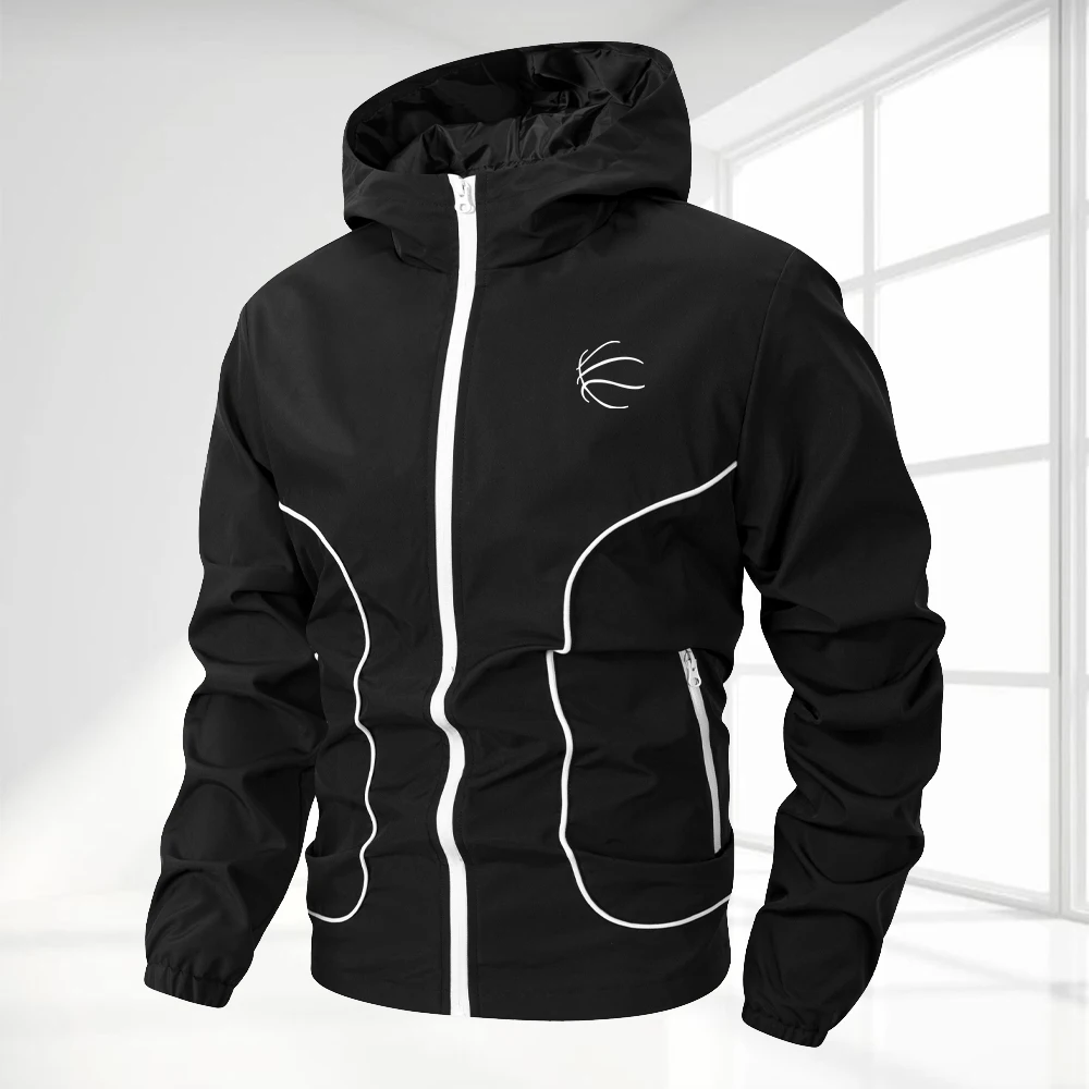 Men's Zipper Hooded Jacket Simple Basketball Pattern Print Windproof Jacket Autumn Outdoor Commute Casual Multi Pocket Top
