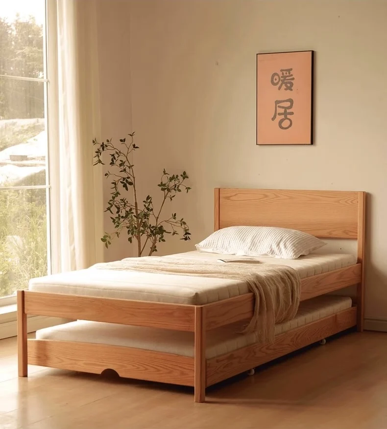 #Modern Solid Wood Oak Concealed Pull-out Bed Single Height-adjustable Folding Combination Bed Family Push-pull Trolley Bed