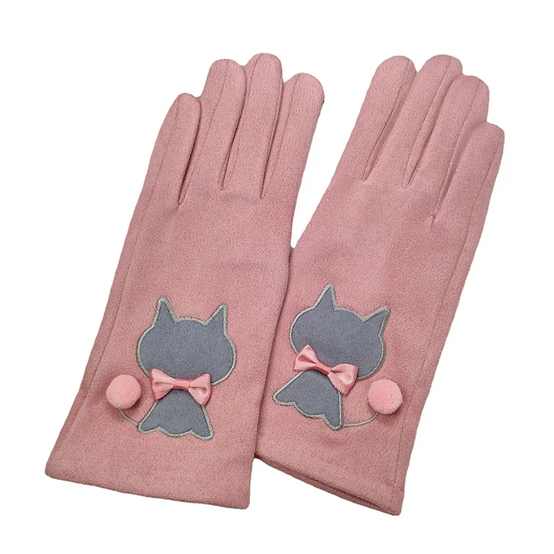 

Women Autumn Winter Suede Leather Plush Inside Warm Glove Female Embroidered Touch Screen Windproof Driving Cartoon Cat Mitten