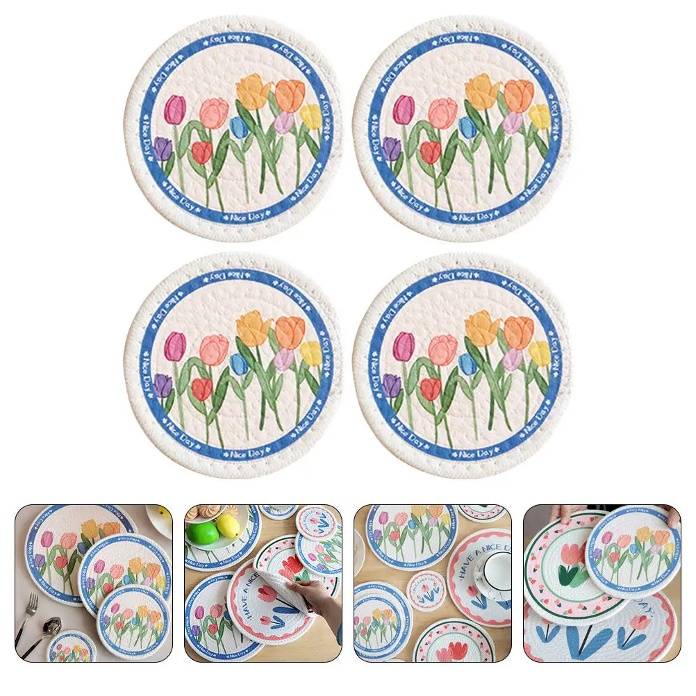 

Набор из 4 плетеных хлопковых салфеток-ковриков круглой формы, термостойкие подставки под тарелки с милым узором в виде тюльпанов, декоративные подставки для обеденного стола