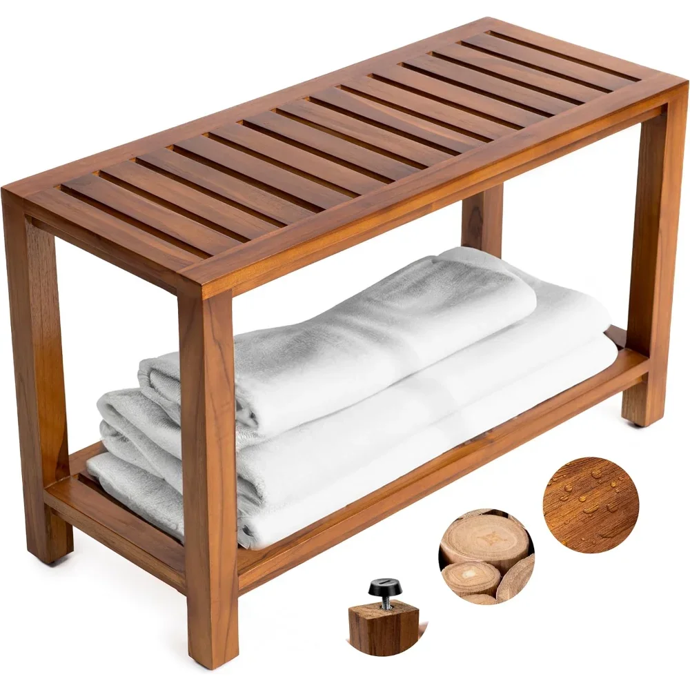 

Teak Wood Shower Bench - 30 Inch Fully Assembled Bench with Shelf | Water Resistant, Non-Slip Adjustable Feet for Inside Shower