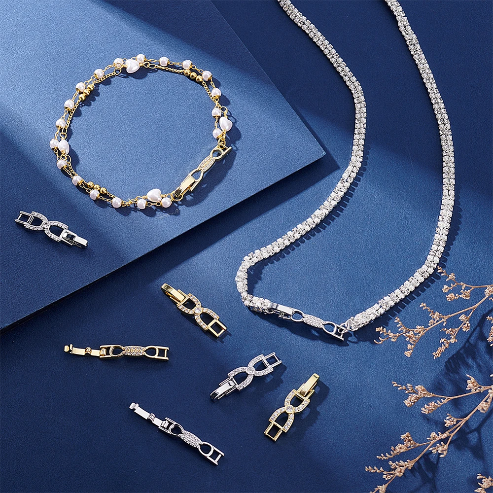8pcs Necklace Extender Brass Bracelet Extender Cubic Zirconia Watch Band Clasps Fold Over Extension Jewelry Clasp Bracelets