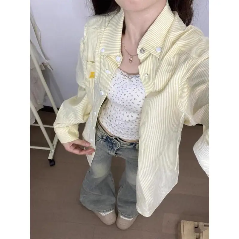 

Loose Outerwear Trendy Polo Collar Fly Sleeve Commute Retro Hong Kong Style Long Sleeve Embroidered Striped Yellow Shirt