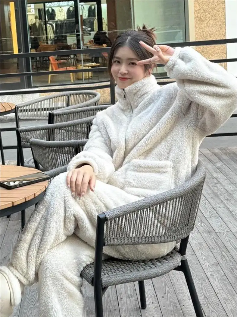 

Thickened Fleece Warm Sleepwear Women's Set Autumn Winter Zipper Home Clothes Fashion Loose Two-Piece Set Korean Style
