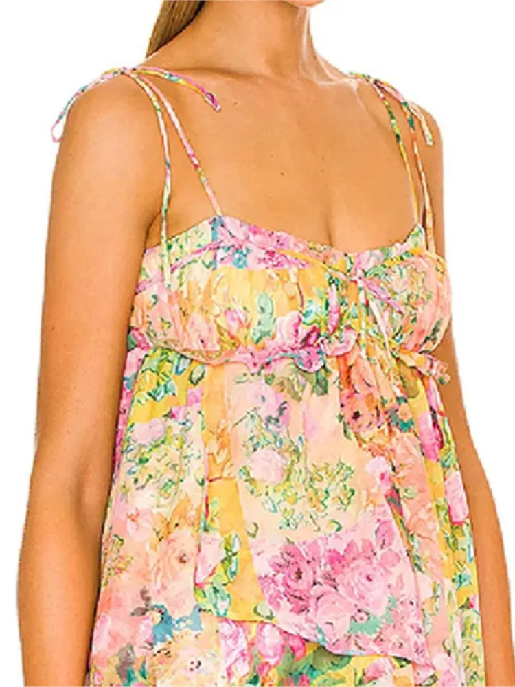 Beach Bow Tie Tied Short Skirt Summer New Style Women's Clothing Fashionable Temperament Flower Print Loose Suspender Mini Dress