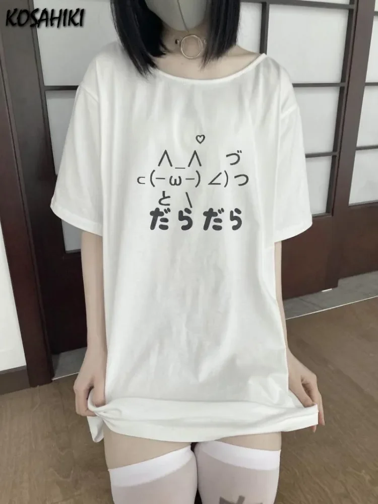 Camiseta holgada de estética Y2k para mujer, Tops informales con cuello redondo de dibujos animados japoneses, camisetas Kawaii de manga corta