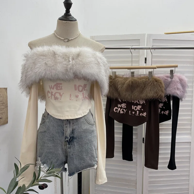 

Removable Fur Collar Off The Shoulder Long-sleeved T-shirt Slim-fit Printed Short Spice Girl Y2k Top