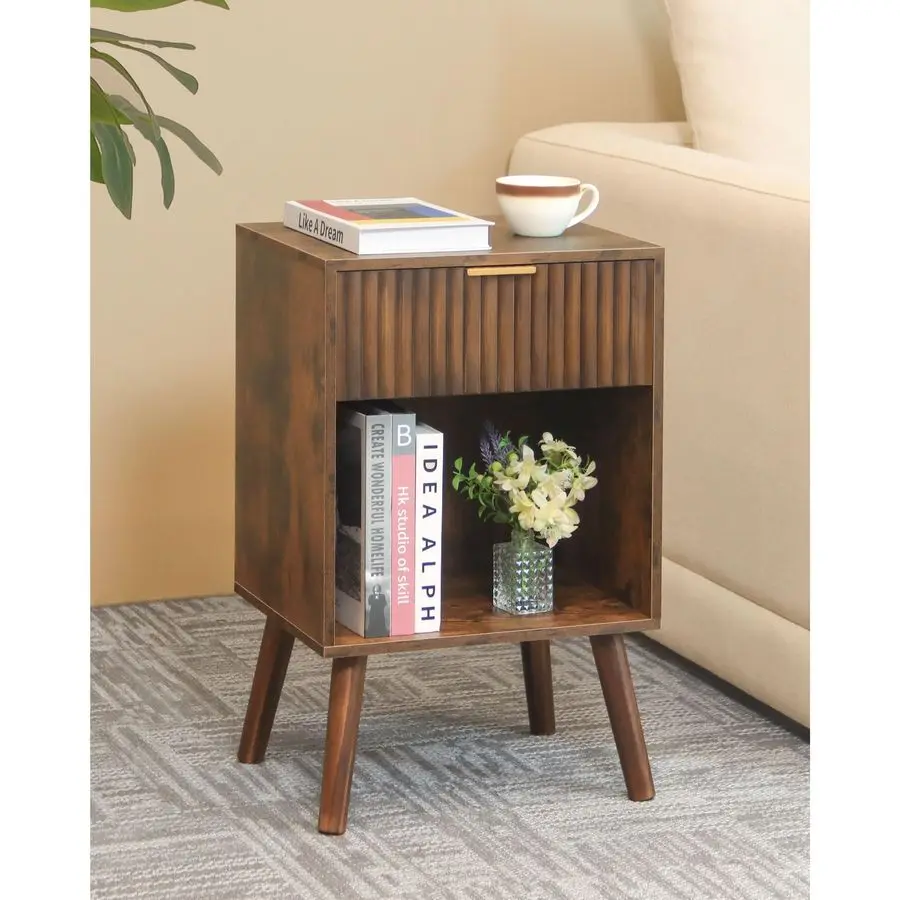 

Прикроватная тумбочка в стиле Mid-Century Modern, деревянный прикроватный столик с выдвижным ящиком и открытым отделением для хранения, приставной столик для гостиной, рифленая тумбочка
