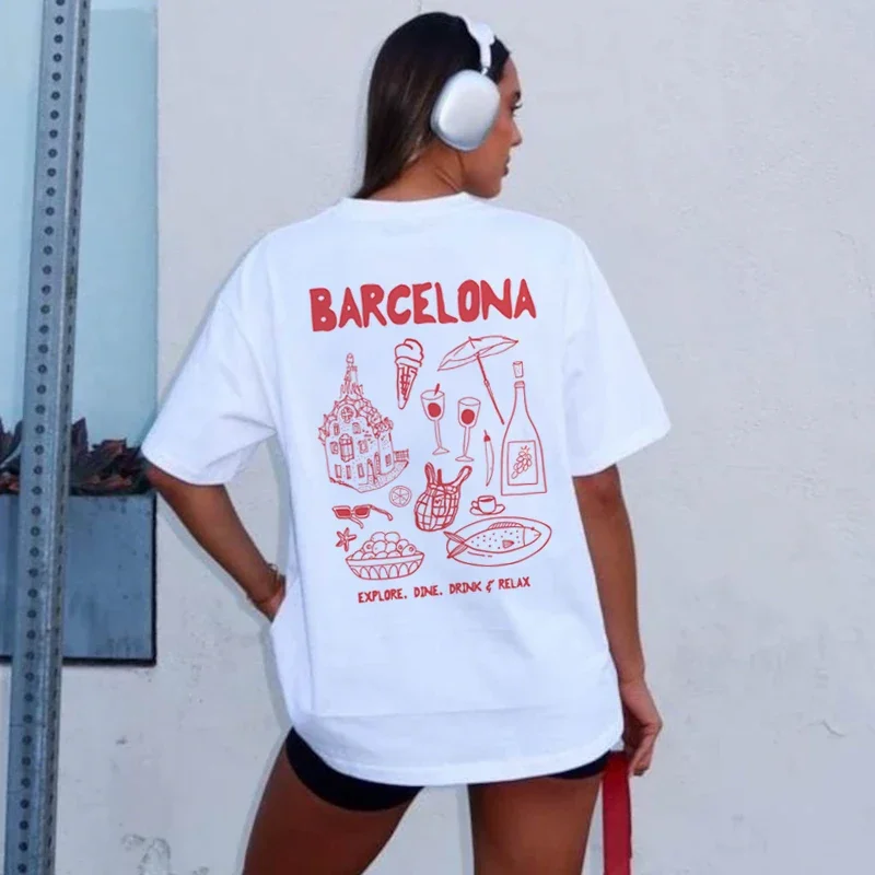 Camisetas gráficas de Barcelona para mujer, camiseta de algodón de manga corta, bonita camiseta de viaje Y2k, camiseta estética para amantes de los alimentos costeros, camisa Unisex de gran tamaño