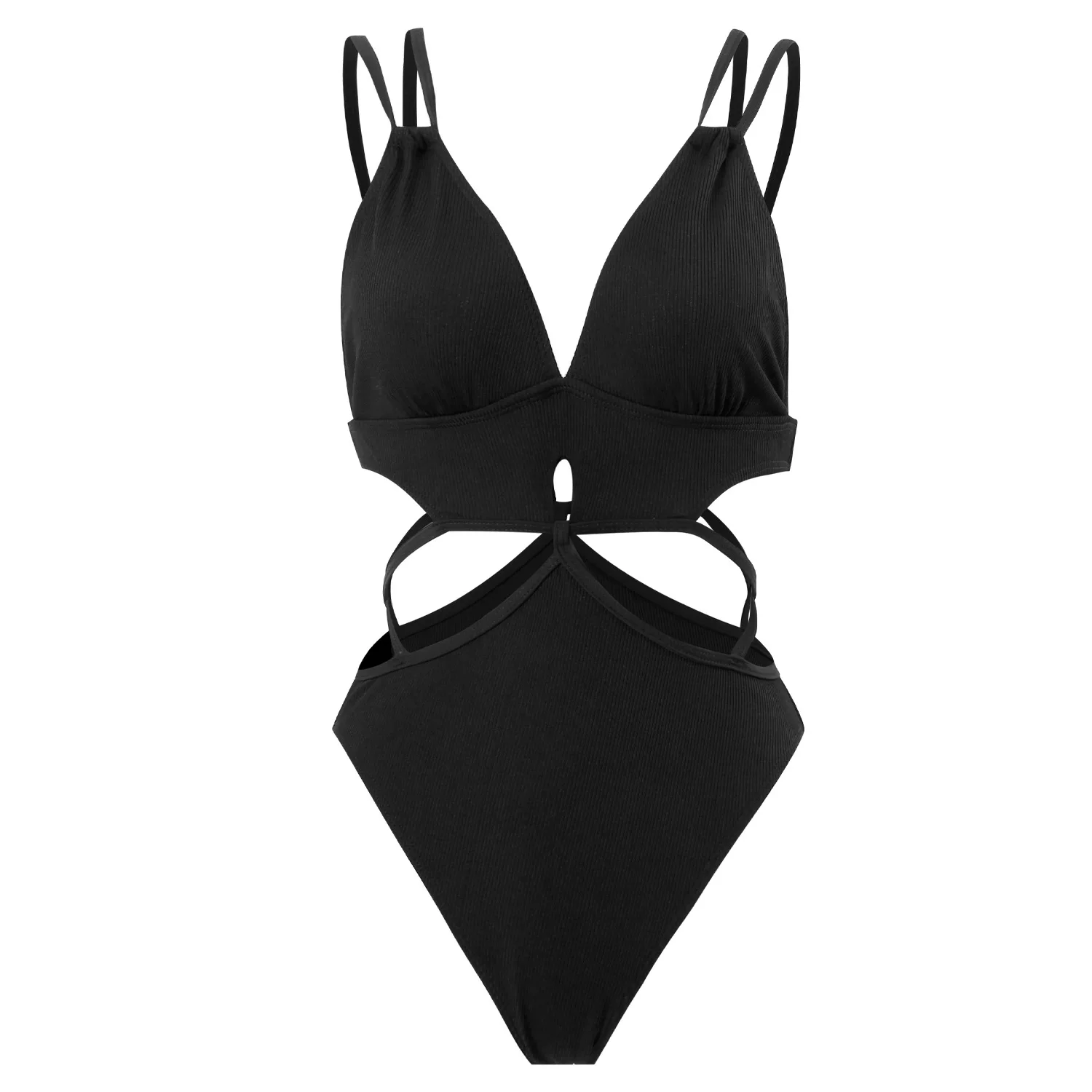 

Women's Black Ribbed Bikini One Piece Swimsuit Sexy Criss Cross Halter Tummy Control Monokini Adjustable Beach Solid Swimwear
