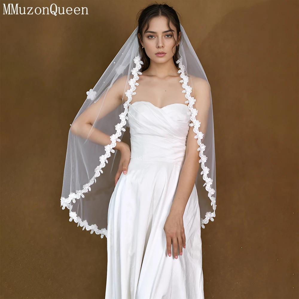 MMQ Koronkowy welon ślubny 3d Flower Refers To Long White Soft Tulle Outdoor Forest Wedding Accessory velo de novia corto M19