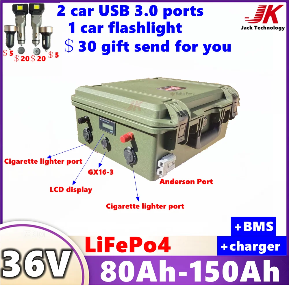 

36V LiFepo4 100Ah 80Ah 120Ah 150Ah Lithium Battery with Bluetooth BMS for Ttrolling Motor Propeller Boat Solar System Outdoor