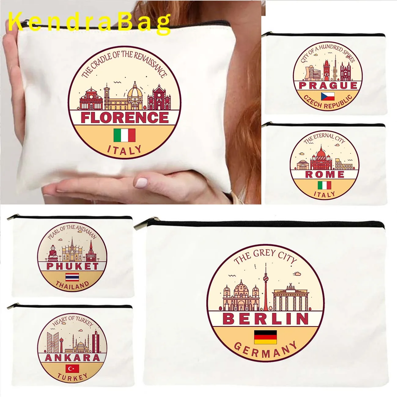 Berlin Chicago Florence Las Vegas Vienna Bangkok City Skyline Emblem Canvas Cosmetic Makeup Bag Pencil Case Wallet Zipper Pouch