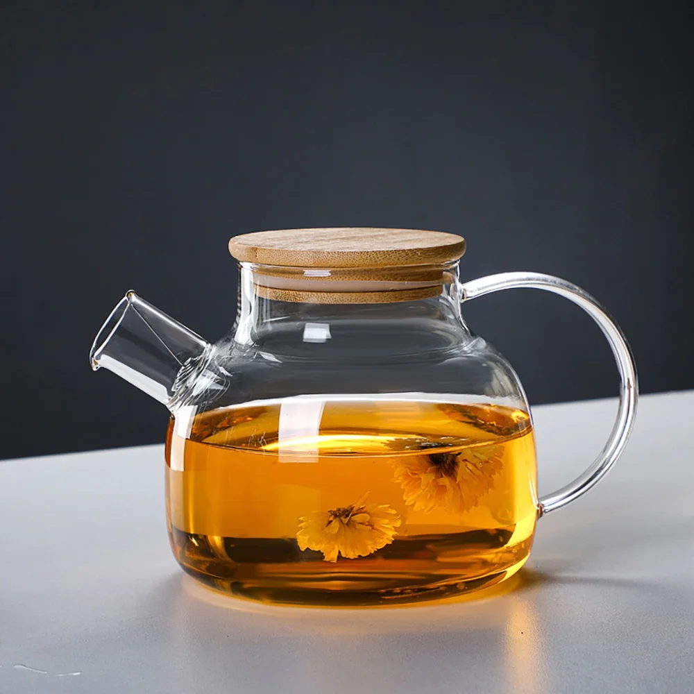 1pc Glass Teapot 1/1.8L Bamboo Lid Glass Tea Kettle with Removable Filter Spout for Loose Leaf、Fruit Tea and Fragrant Tea